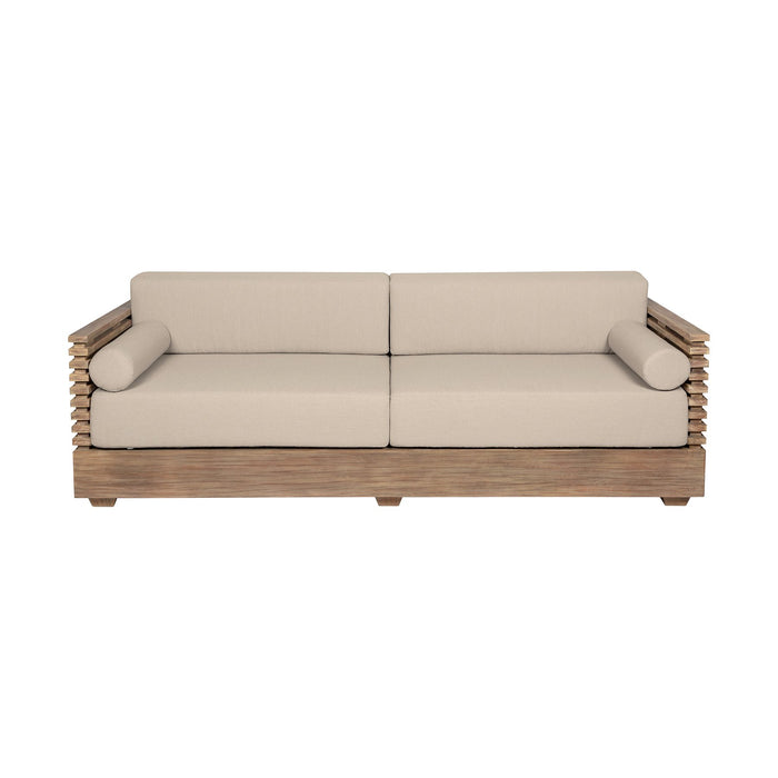 Vivid Outdoor Patio Sofa in Light Eucalyptus Wood with Taupe Olefin Cushions