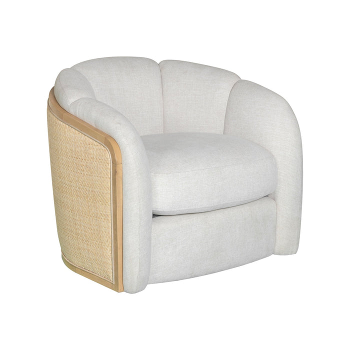 Violet Accent Chair in Soft Oat Fabric with Natural Wood Finish and Rattan Back