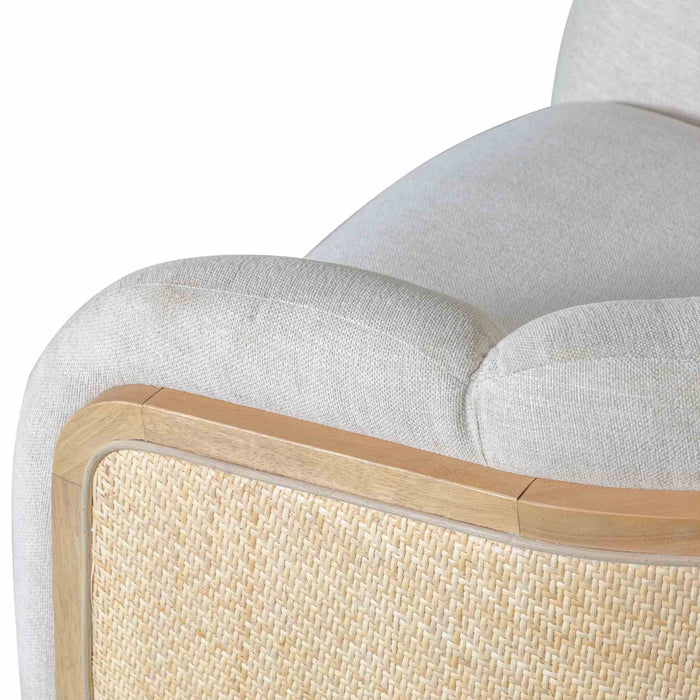 Violet Accent Chair in Soft Oat Fabric with Natural Wood Finish and Rattan Back