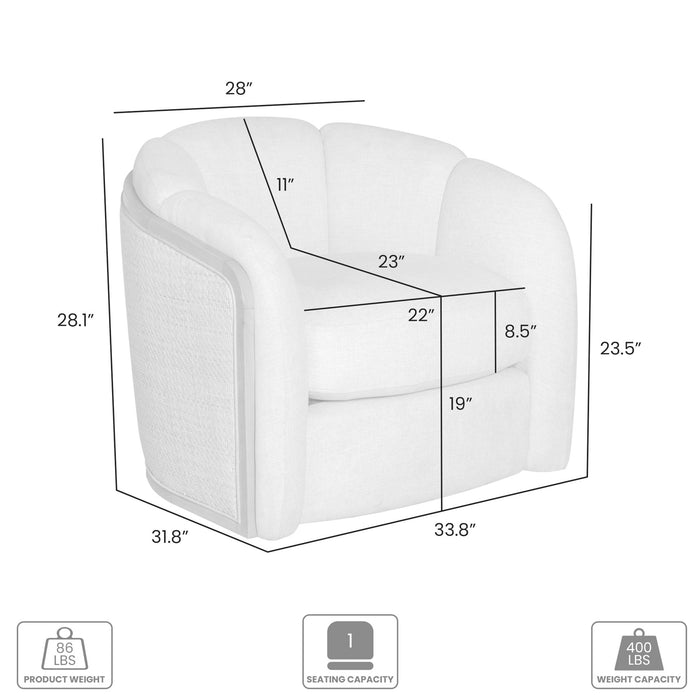 Violet Accent Chair in Soft Oat Fabric with Natural Wood Finish and Rattan Back