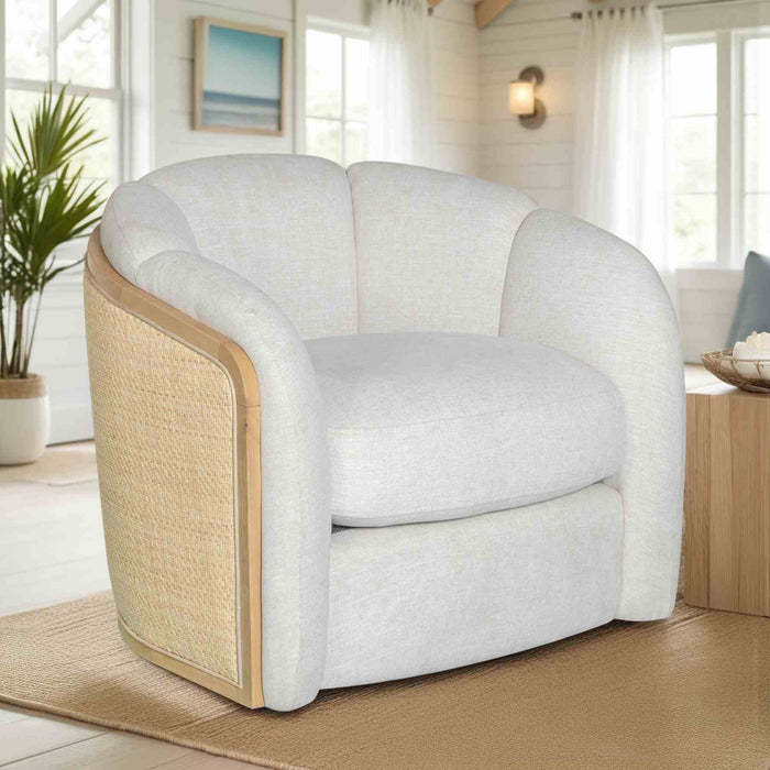 Violet Accent Chair in Soft Oat Fabric with Natural Wood Finish and Rattan Back