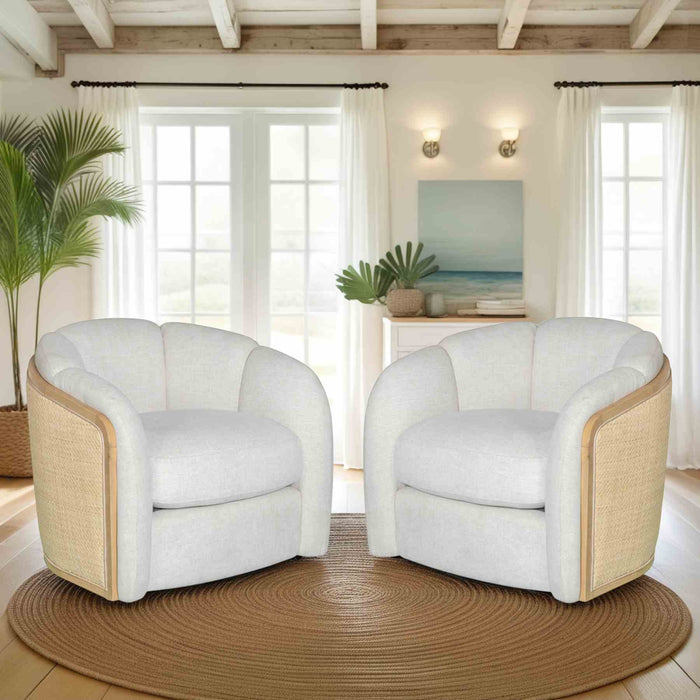 Violet Accent Chair in Soft Oat Fabric with Natural Wood Finish and Rattan Back