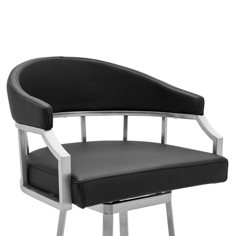 Valerie 30" Bar Height Swivel Modern Black Faux Leather Bar and Counter Stool in Brushed Stainless Steel Finish - Furniture City (CA)l