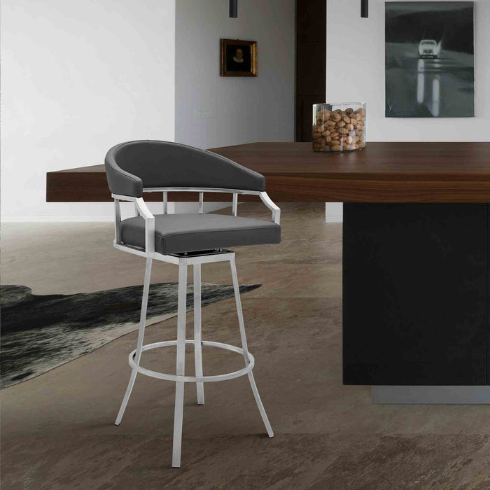 Valerie 26" Counter Height Swivel Modern Slate Gray Faux Leather Bar and Counter Stool in Brushed Stainless Steel Finish