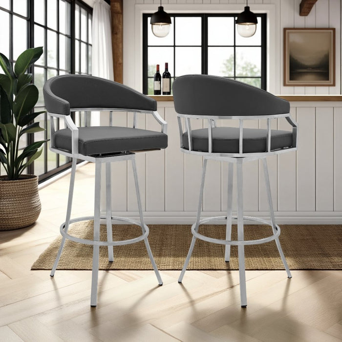 Valerie 30" Bar Height Swivel Modern Slate Gray Faux Leather Bar and Counter Stool in Brushed Stainless Steel Finish