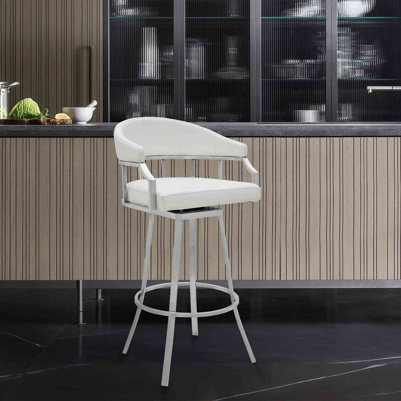 Valerie 30" Bar Height Swivel Modern White Faux Leather Bar and Counter Stool in Brushed Stainless Steel Finish - Furniture City (CA)l