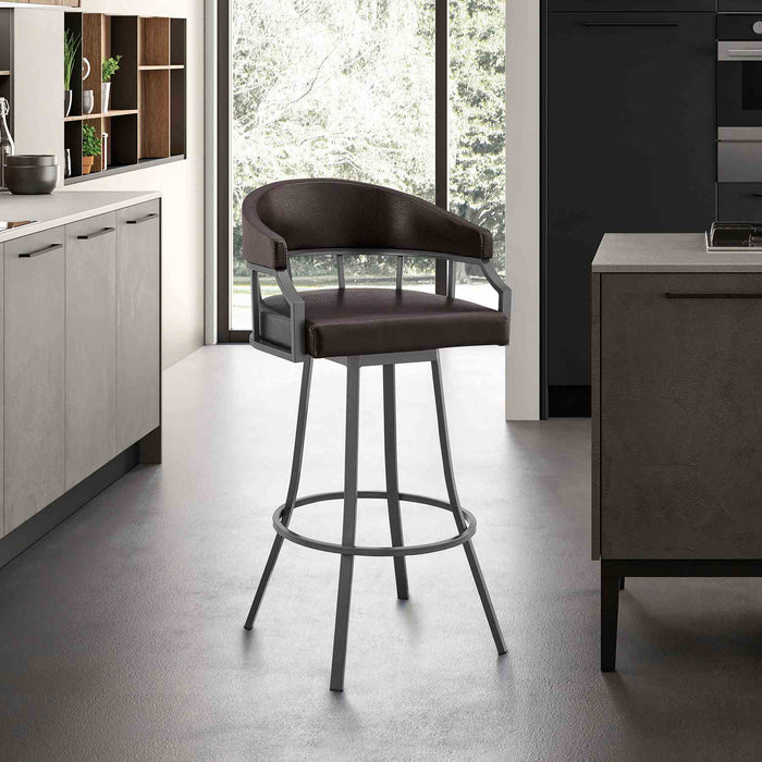 Valerie 30" Swivel Brown Faux Leather and Java Brown Metal Bar Stool
