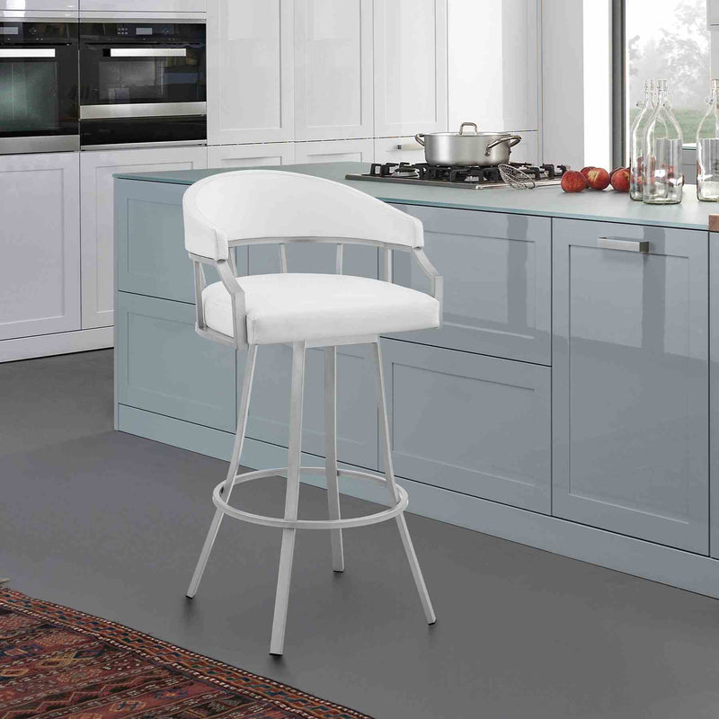 Valerie 26" Swivel White Faux Leather and Silver Metal Bar Stool - Furniture City (CA)l