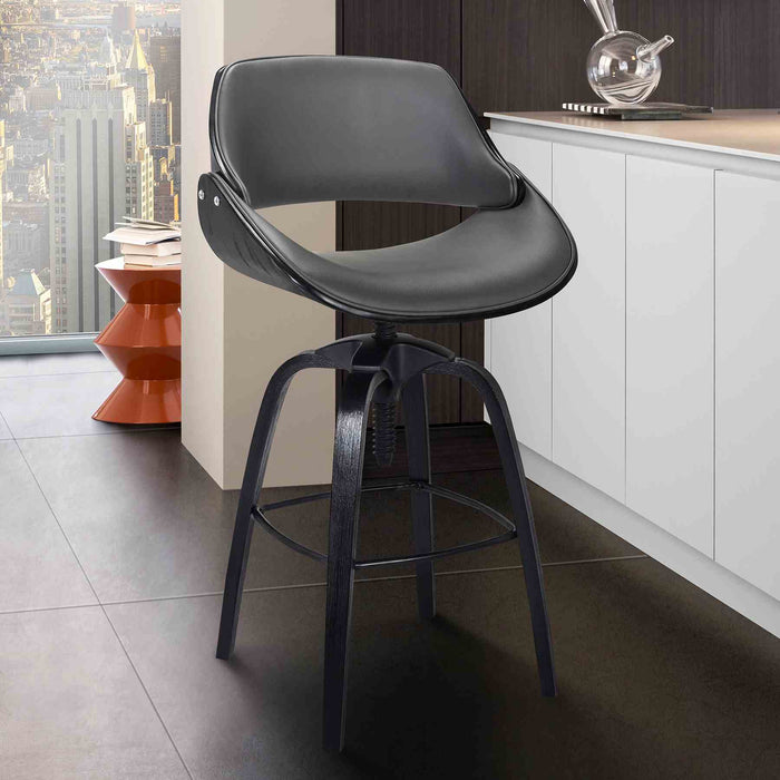 Vanessa Contemporary Adjustable Barstool in Black Brushed Wood Finish and Gray Faux Leather