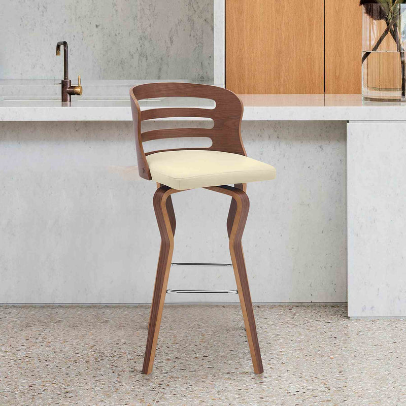 Verne 30" Swivel Cream Faux Leather and Walnut Wood Bar Stool - Furniture City (CA)l