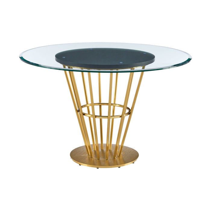 Veronica 48" Round Dining Table in Gold Stainless Steel Base with Walnut Panel and Glass Tabletop