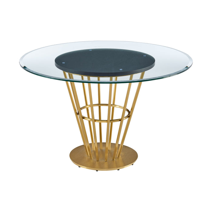 Veronica 48" Round Dining Table in Gold Stainless Steel Base with Walnut Panel and Glass Tabletop