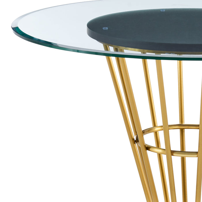 Veronica 48" Round Dining Table in Gold Stainless Steel Base with Walnut Panel and Glass Tabletop