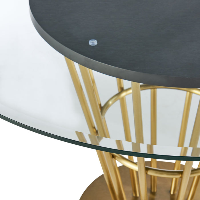 Veronica 48" Round Dining Table in Gold Stainless Steel Base with Walnut Panel and Glass Tabletop