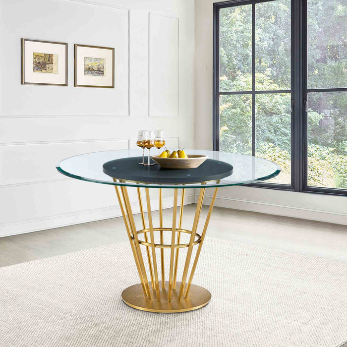 Veronica 48" Round Dining Table in Gold Stainless Steel Base with Walnut Panel and Glass Tabletop