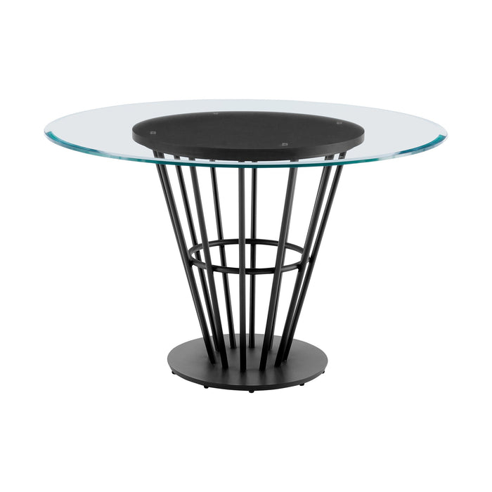 Veronica 48" Round Dining Table in Black Iron Base with Walnut Panel and Glass Tabletop