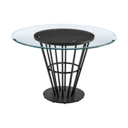 Veronica 48" Round Dining Table in Black Iron Base with Walnut Panel and Glass Tabletop - Furniture City (CA)l