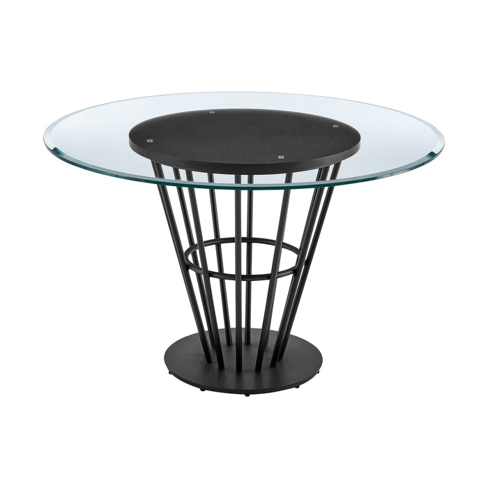 Veronica 48" Round Dining Table in Black Iron Base with Walnut Panel and Glass Tabletop