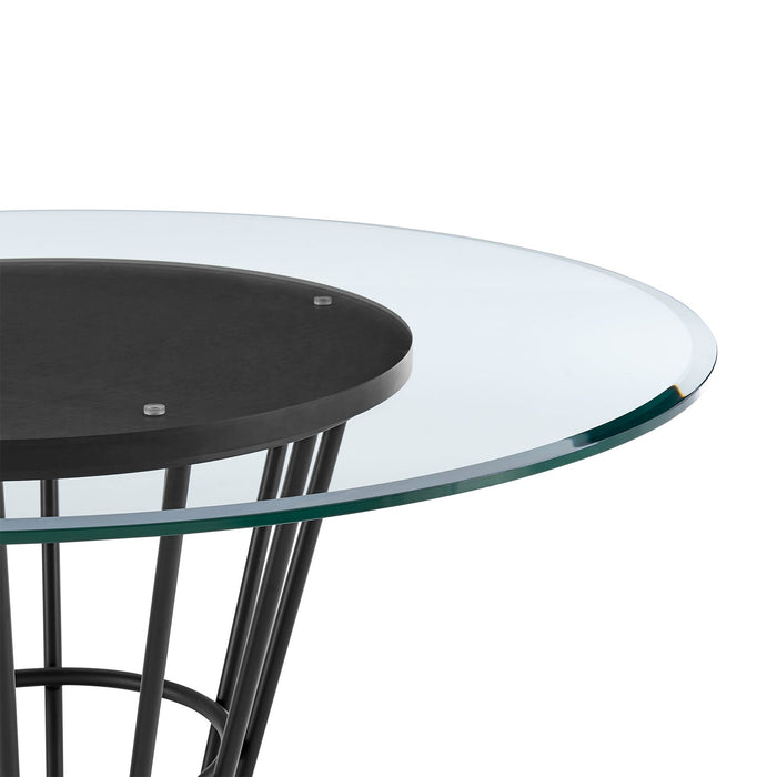 Veronica 48" Round Dining Table in Black Iron Base with Walnut Panel and Glass Tabletop