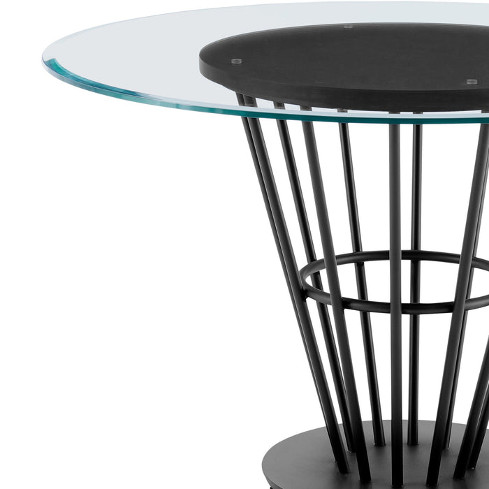 Veronica 48" Round Dining Table in Black Iron Base with Walnut Panel and Glass Tabletop