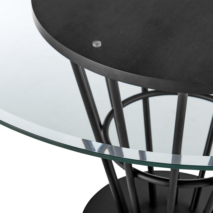 Veronica 48" Round Dining Table in Black Iron Base with Walnut Panel and Glass Tabletop