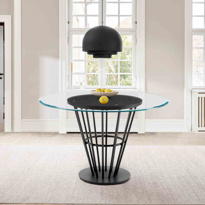 Veronica 48" Round Dining Table in Black Iron Base with Walnut Panel and Glass Tabletop