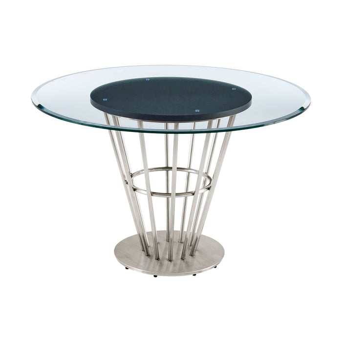 Veronica 48" Round Dining Table in Brushed Stainless Steel Base with Walnut Panel and Glass Tabletop