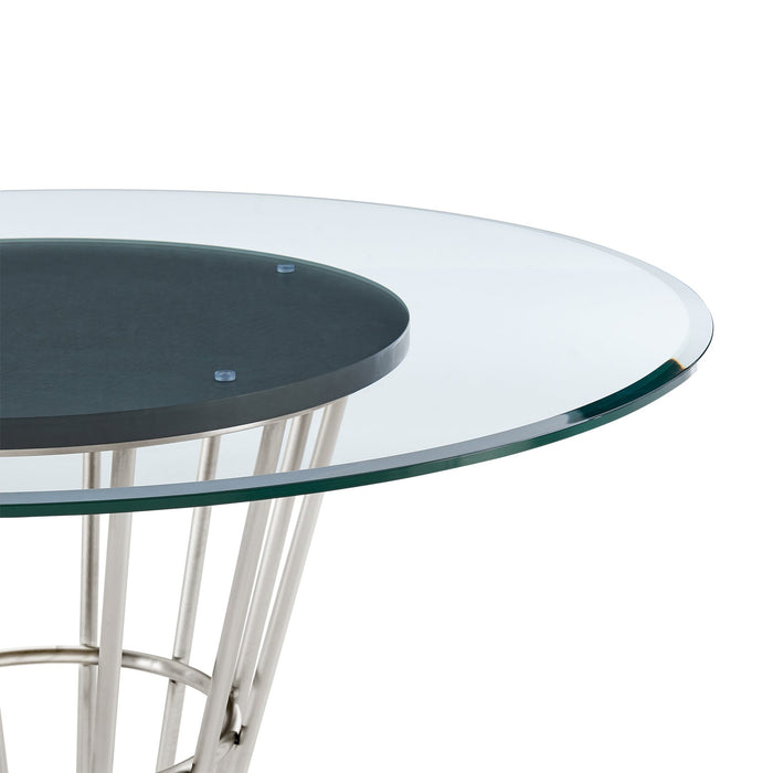 Veronica 48" Round Dining Table in Brushed Stainless Steel Base with Walnut Panel and Glass Tabletop