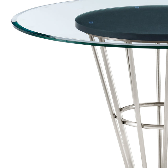 Veronica 48" Round Dining Table in Brushed Stainless Steel Base with Walnut Panel and Glass Tabletop