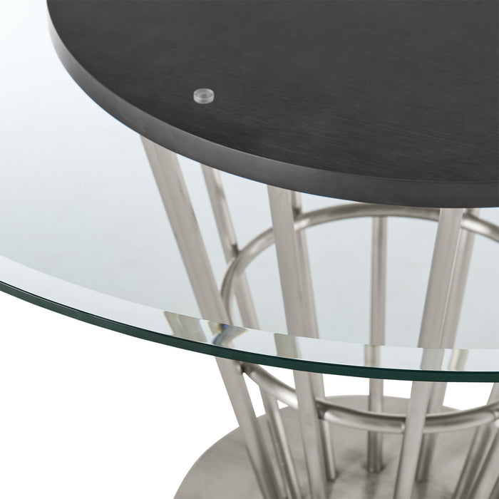 Veronica 48" Round Dining Table in Brushed Stainless Steel Base with Walnut Panel and Glass Tabletop