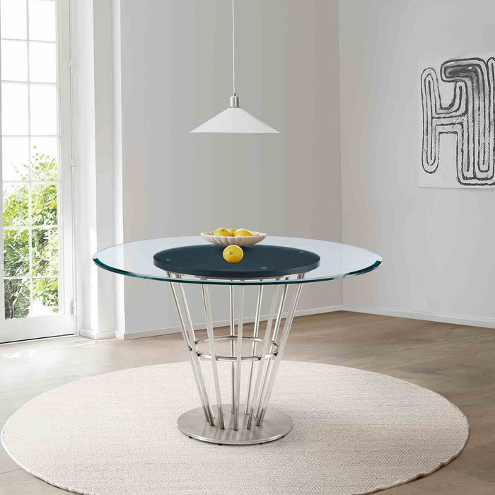 Veronica 48" Round Dining Table in Brushed Stainless Steel Base with Walnut Panel and Glass Tabletop