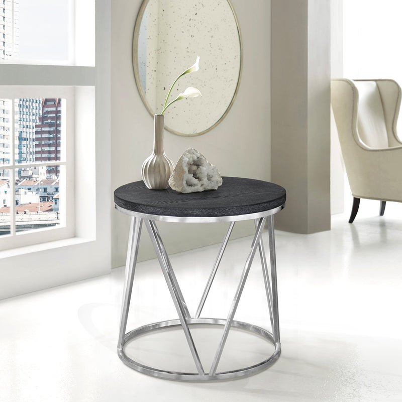 Vivian Contemporary End Table in Polished Stainless Steel Finish with Gray Top - Furniture City (CA)l