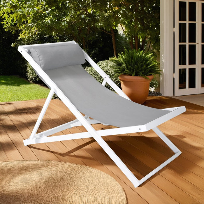 Wave Outdoor Patio Aluminum Deck Chair in White Powder Coated Finish with Gray Sling Textilene