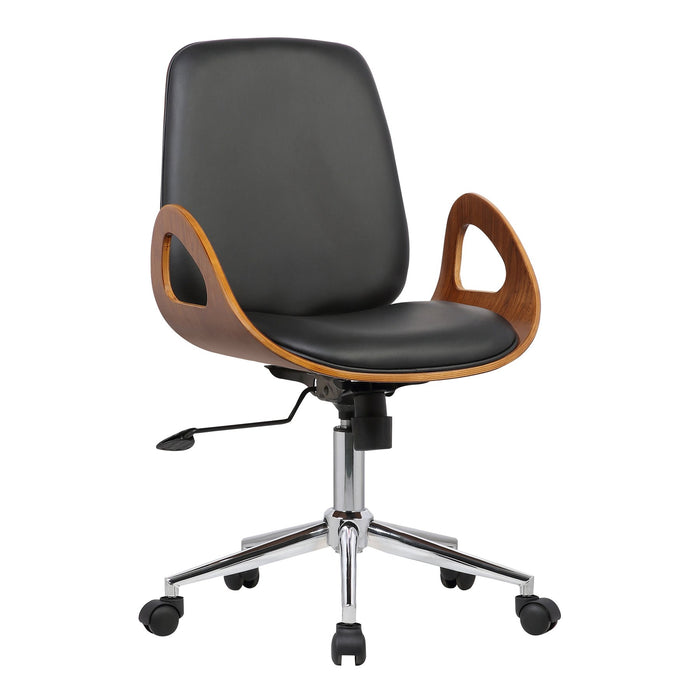 Wallace Mid-Century Office Chair in Chrome finish with Black Faux Leather and Walnut Veneer Back