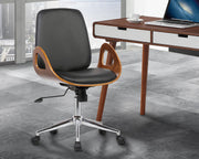 Wallace Mid-Century Office Chair in Chrome finish with Black Faux Leather and Walnut Veneer Back - Furniture City (CA)l