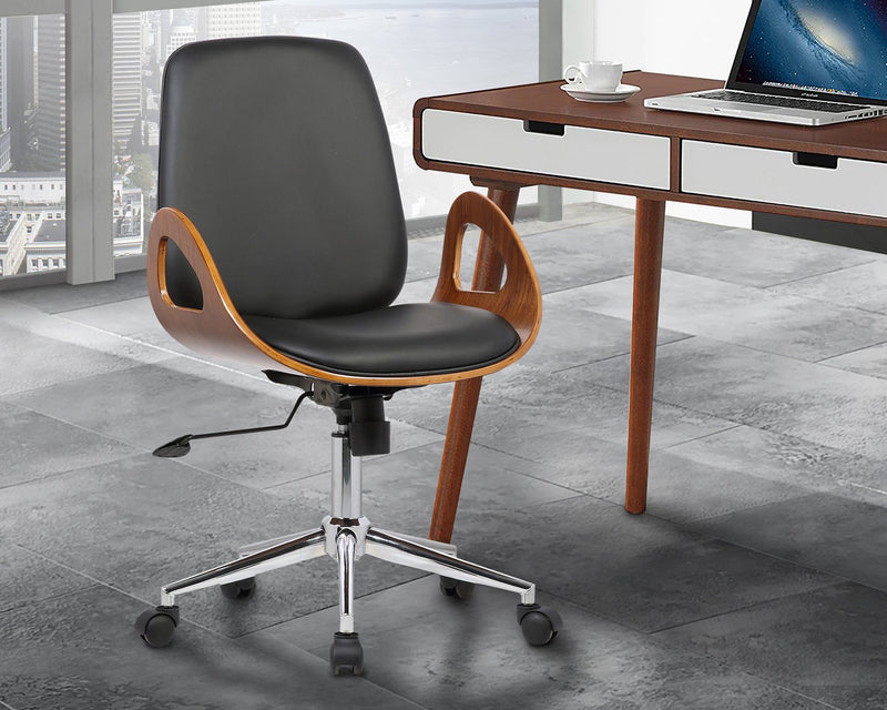 Wallace Mid-Century Office Chair in Chrome finish with Black Faux Leather and Walnut Veneer Back - Furniture City (CA)l