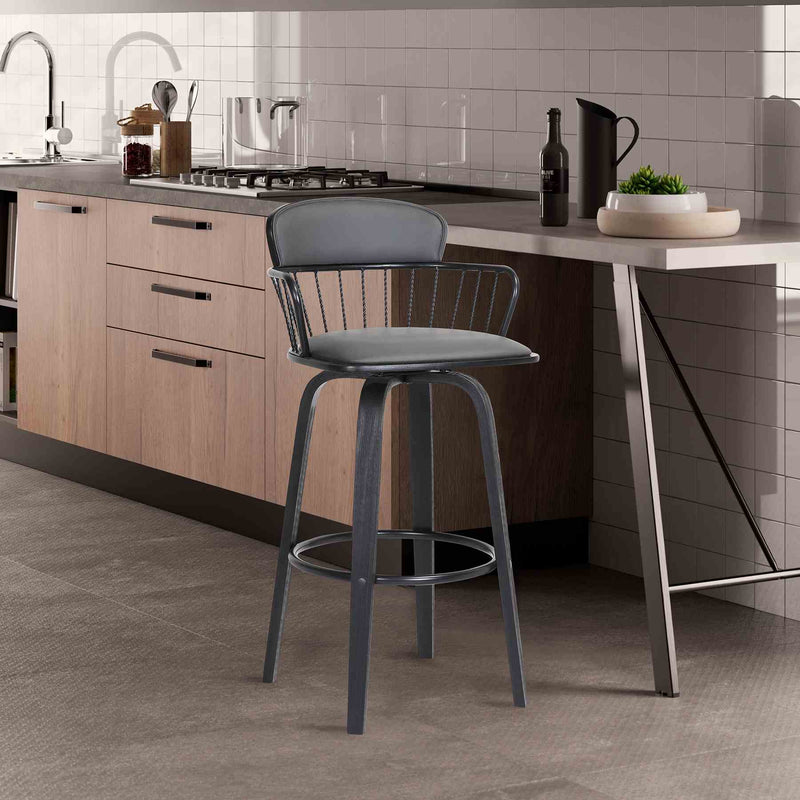 Willow 30" Swivel Black Wood Bar Stool in Gray Faux Leather with Black Metal - Furniture City (CA)l