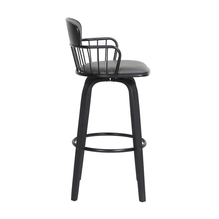 Willow 30" Swivel Black Wood Bar Stool in Gray Faux Leather with Black Metal