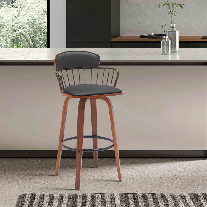 Willow 25.5" Swivel Walnut Wood Counter Stool in Black Faux Leather with Golden Bronze Metal