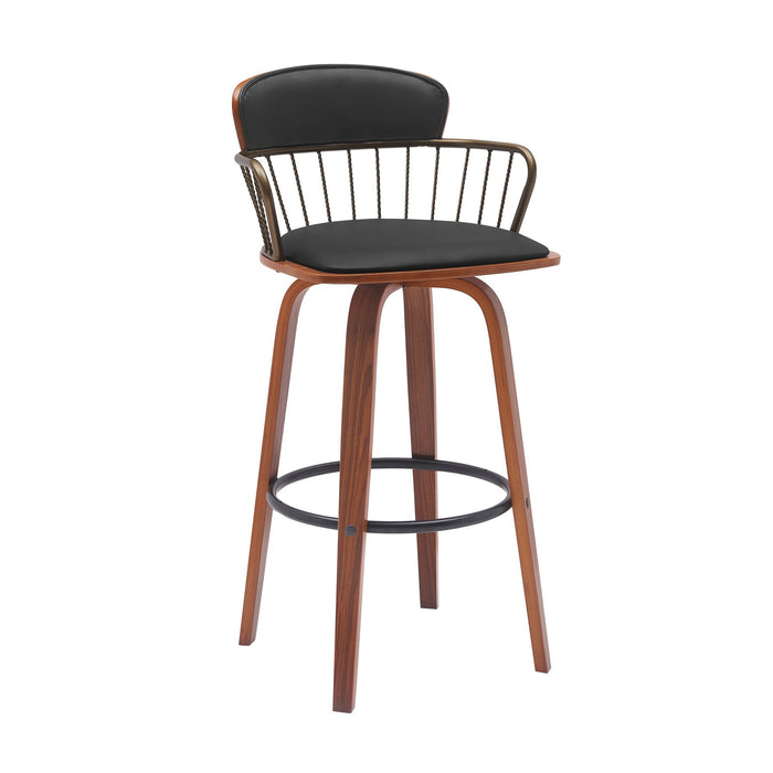 Willow 25.5" Swivel Walnut Wood Counter Stool in Black Faux Leather with Golden Bronze Metal