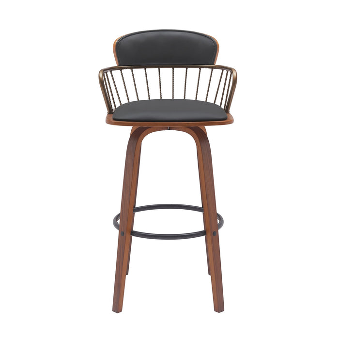 Willow 25.5" Swivel Walnut Wood Counter Stool in Black Faux Leather with Golden Bronze Metal