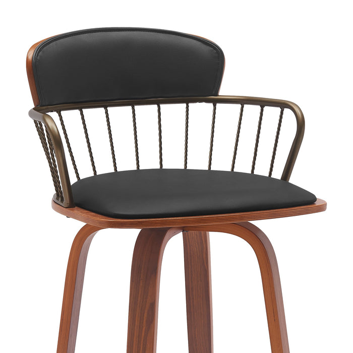 Willow 25.5" Swivel Walnut Wood Counter Stool in Black Faux Leather with Golden Bronze Metal