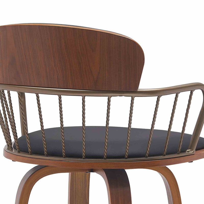 Willow 25.5" Swivel Walnut Wood Counter Stool in Black Faux Leather with Golden Bronze Metal - Furniture City (CA)l
