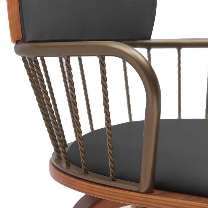 Willow 25.5" Swivel Walnut Wood Counter Stool in Black Faux Leather with Golden Bronze Metal