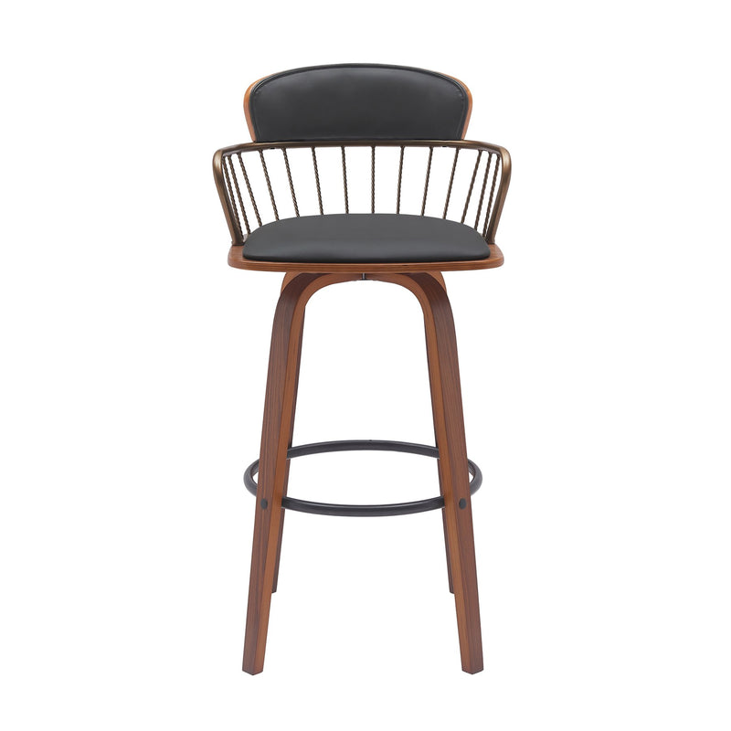 Willow 30" Swivel Walnut Wood Bar Stool in Black Faux Leather with Golden Bronze Metal - Furniture City (CA)l