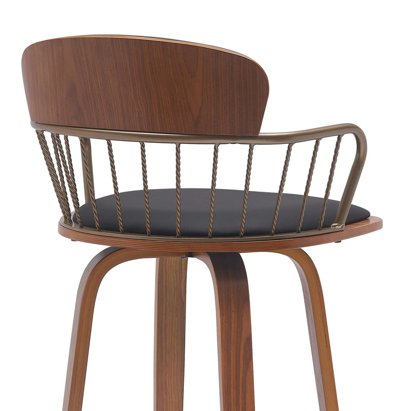 Willow 30" Swivel Walnut Wood Bar Stool in Black Faux Leather with Golden Bronze Metal - Furniture City (CA)l