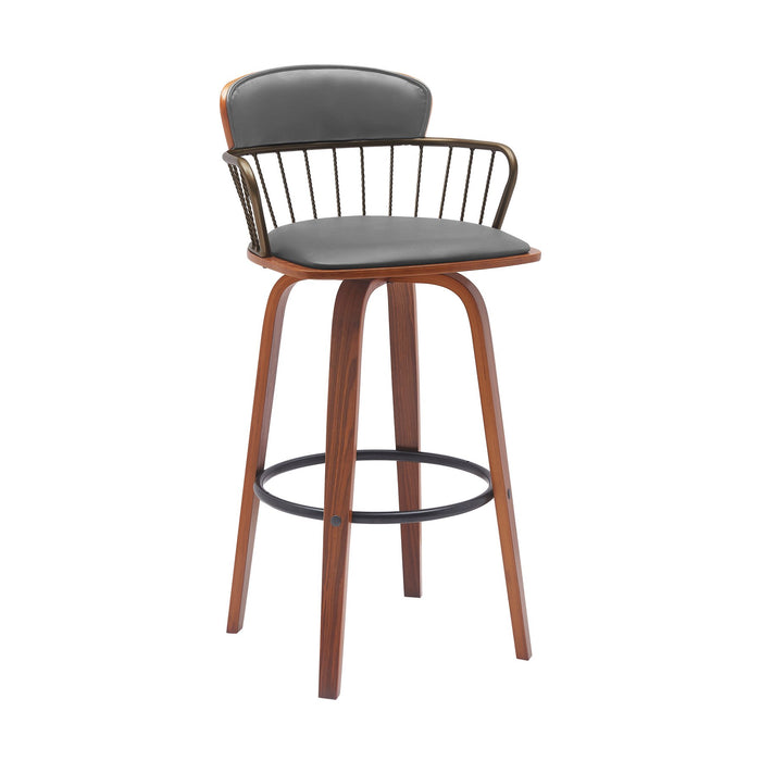 Willow 25.5" Swivel Walnut Wood Counter Stool in Gray Faux Leather with Golden Bronze Metal