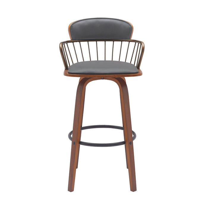 Willow 25.5" Swivel Walnut Wood Counter Stool in Gray Faux Leather with Golden Bronze Metal