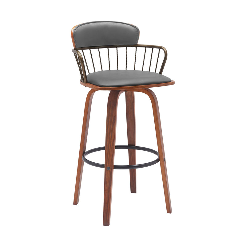 Willow 30" Swivel Walnut Wood Bar Stool in Gray Faux Leather with Golden Bronze Metal - Furniture City (CA)l