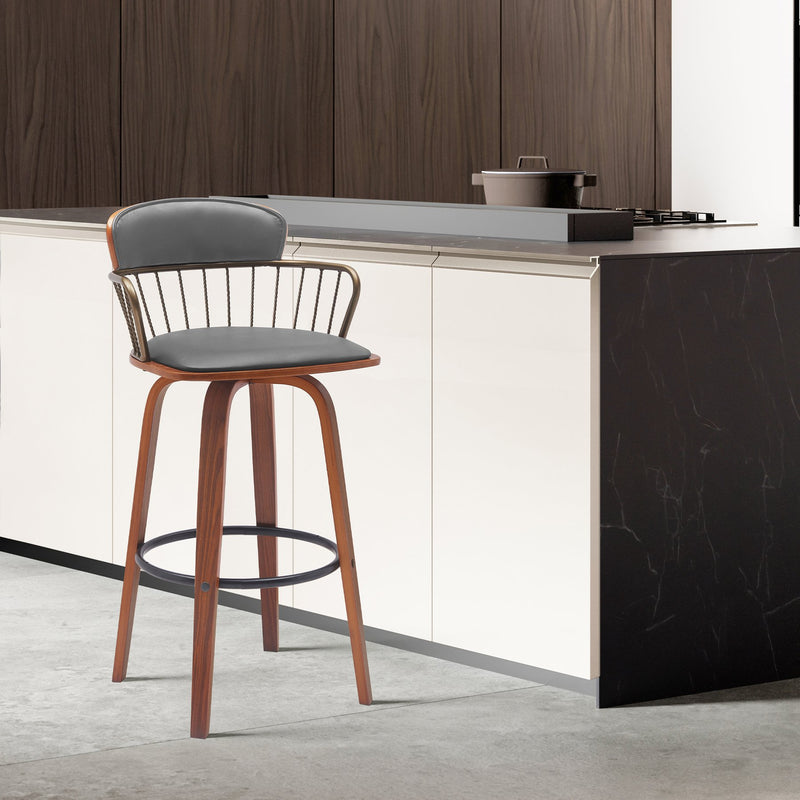 Willow 30" Swivel Walnut Wood Bar Stool in Gray Faux Leather with Golden Bronze Metal - Furniture City (CA)l